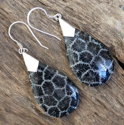 Black Coral Teardrop Shape Earrings 925 Sterling Silver Jewellery - EA017 - Image 1 of 4