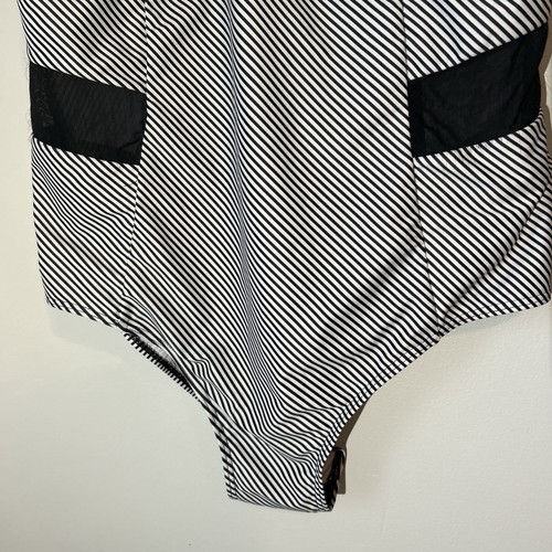 Costume da bagno nero collo alto pezzo unico rete trasparente pannello laterale taglia 22W taglie forti righe - Foto 5 di 13