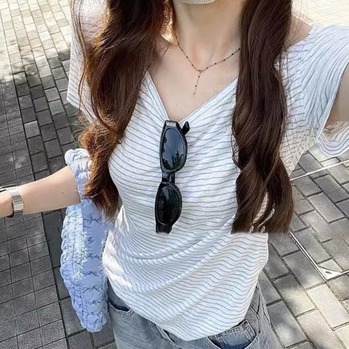 2025 Women Oblique Shoulder Short Sleeve T Shirt for Vacation and Daily Wear - Picture 10 of 36