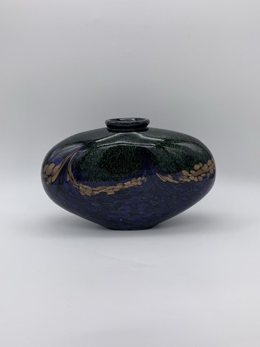 Jarrón Dale Tiffany De Colección Estudio Sentadilla Pesada Soplado a Mano Colorido Pavo Real Acento Dorado - Imagen 1 de 10