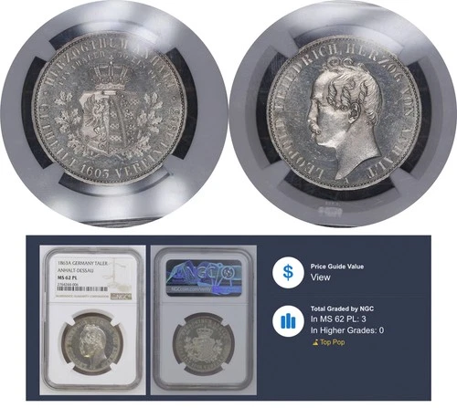 Top Pop MS62PL NGC 1 Thaler 1863 Anhalt-Dessau German States Silver Coin # 15