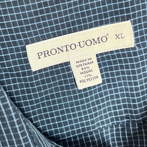 Pronto Uomo Checkered Dress Shirt Mens Sz X-Large Blue Modal Blend Summer Casual - Picture 3 of 6