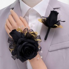 Black Rose Corsage and Boutonniere Set Prom Flower Wrist Corsage Wristlet and...