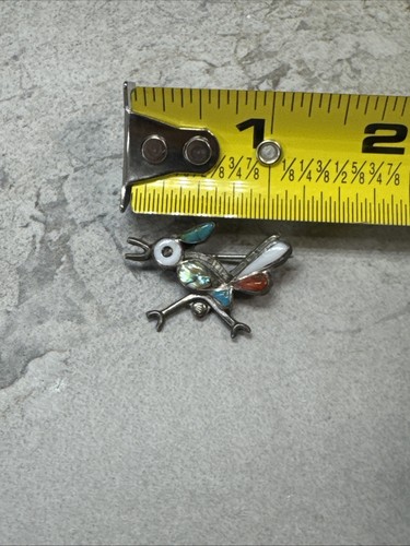 Tiny Vtg Zuni Native Roadrunner Bird Turquoise Coral Inlay Silver Brooch Pin C28 - Imagen 11 de 12
