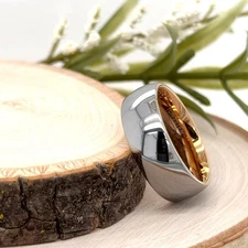 8mm Silver & Gold Tungsten Carbide Ring High Polished Beveled Edges Wedding Band