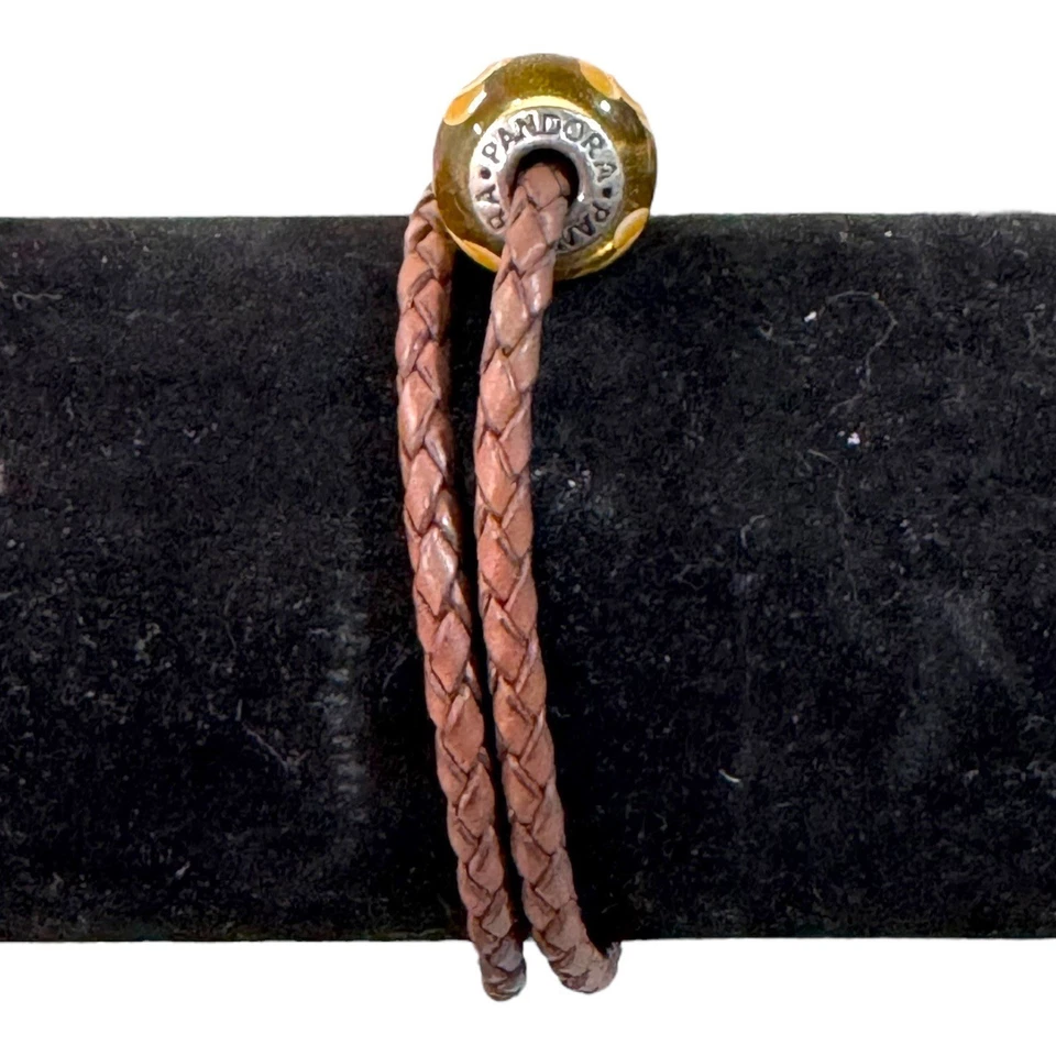 Pulsera Pandora Marrón Trenzado Doble Cuero con Dije de Vidrio Amarillo Esterlina Foto 2 de 4