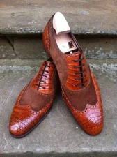 Custom Made Brown Alligator Leather And Suede Oxford Wingtip Lace up Dress Shoes