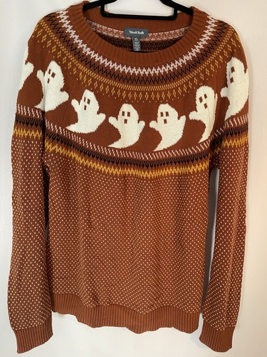 ModCloth Fair Isle Brown Ghost Print Halloween Sweater Size XL - Picture 1 of 10