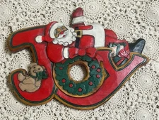 Vintage JOY Wood Sign Santa Christmas Wreath Teddy Bear Wall Decor
