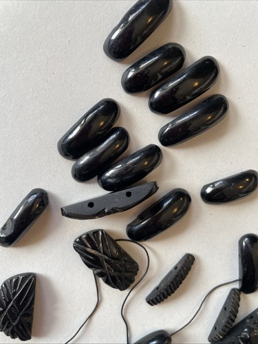 Antique Victorian Carved Whitby jet Black Bead Stretch Bracelet For Restoration - Picture 15 of 18