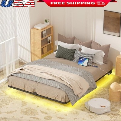 Modern Floating Bed Frame W/ LED Lights Charging Station Noise-Free Sleep New