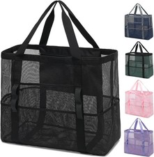 Mesh Beach Bag, Large Tote with Zipper Pocket for Family - Black 