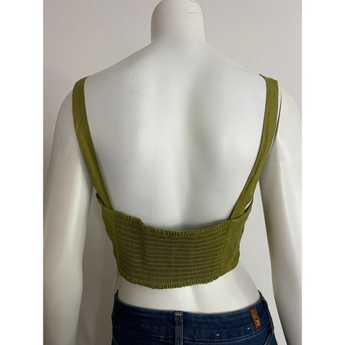 Maeve M Leinen BH Top olivgrün vorne zum Binden gesmokt hinten Crop Anthropologie NEU - Bild 8 von 9