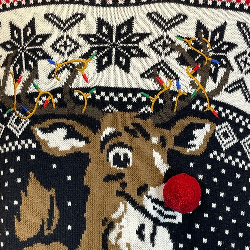 Ugly Christmas Sweater Rudolph with Pompom Nose and Peppermint Poops Size L - Picture 2 of 6