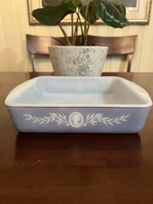 Glasbake Milk Glass Rectangle  VTG! Bake Blue Cameo Design J-247 Rare Find!