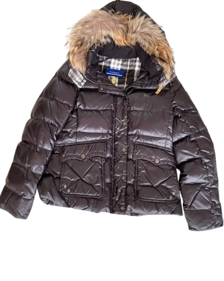 Подлинный Burberry синий ярлык женщин вниз куртки меха проверить узор черный размер 38 - Изображение 2 из 4