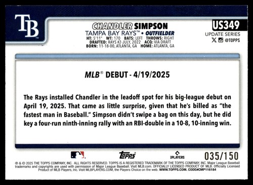 2025 Topps Update CHANDLER SIMPSON BLUE FOIL 35/150 RC #US349 TAMPA BAY RAYS - Picture 2 of 2