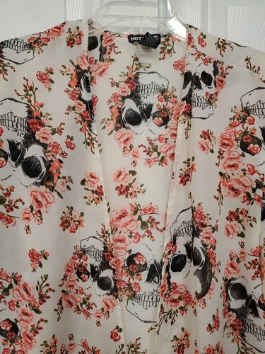 Hot Topic Kimono vorne offen Blumen Totenkopf Druck Strand Coverup durchsichtig Wickel Gr. M - Bild 3 von 7