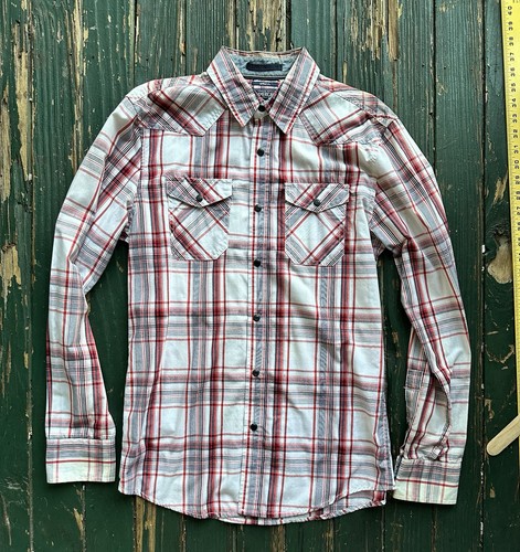 American Rag Herren rot weiß & grau kariert Langarm Druckknopf klein - Bild 1 von 6