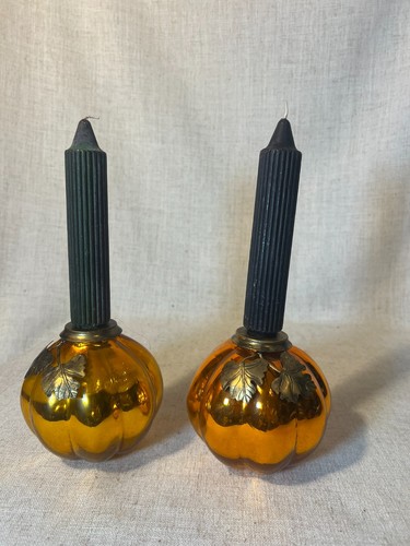Midwest Halloween Metallic ORANGE PUMPKIN GLASS CANDLE HOLDERS~Fall Taper/Pillar - Picture 3 of 20