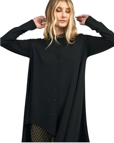 Top túnica Alembika 2 Hi-Lo Lagenlook botón asimétrico negro cuello mandarín - Imagen 9 de 24