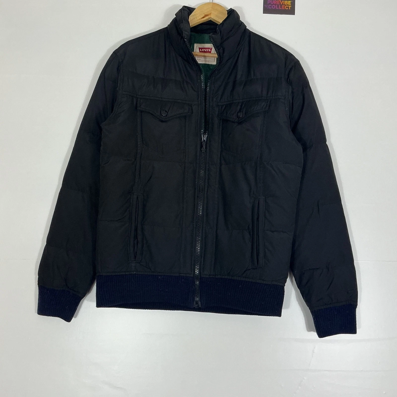 Levi’s Men's Black Puffer Jacket Medium M Padded Bomber Coat Green Lining Hoodle