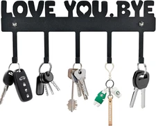 Key Holder Wall Mount – 'Love You.Bye' Entryway Organizer with 5 Hooks,Black Met
