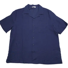 $150 Onia Deep Navy Blue Linen Short Sleeve Button Up Camp Shirt Mens Size Large