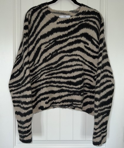 Magaschoni 100% Kaschmir Damen Pullover Große L Zebrastreifen Pulli Schwarz MÄNGEL