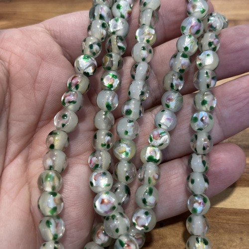 8in Strand Vintage 6mm Lampwork Foil Glass Beads White Pink Green 8in Strand - Picture 3 of 4