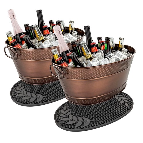 Copper Finish Drink Tubs + Insulated Party Mats for Parties, Oval Ice Buckets...