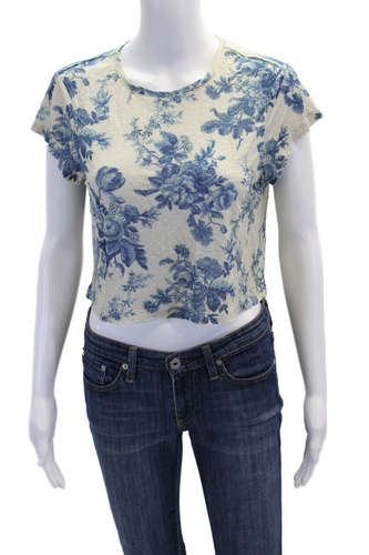 Love Shack Fancy Womens Blue Floral Print Round Neckline Crop Top Beige Size M