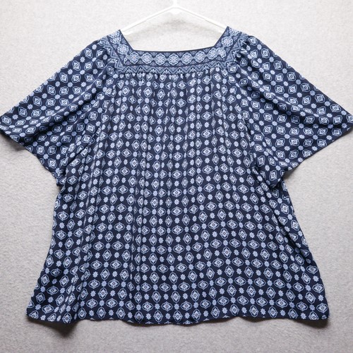 J Jill Wearever Tunic Top Womens XL Blue White Floral Boho Blouse Cottagecore - Picture 3 of 10