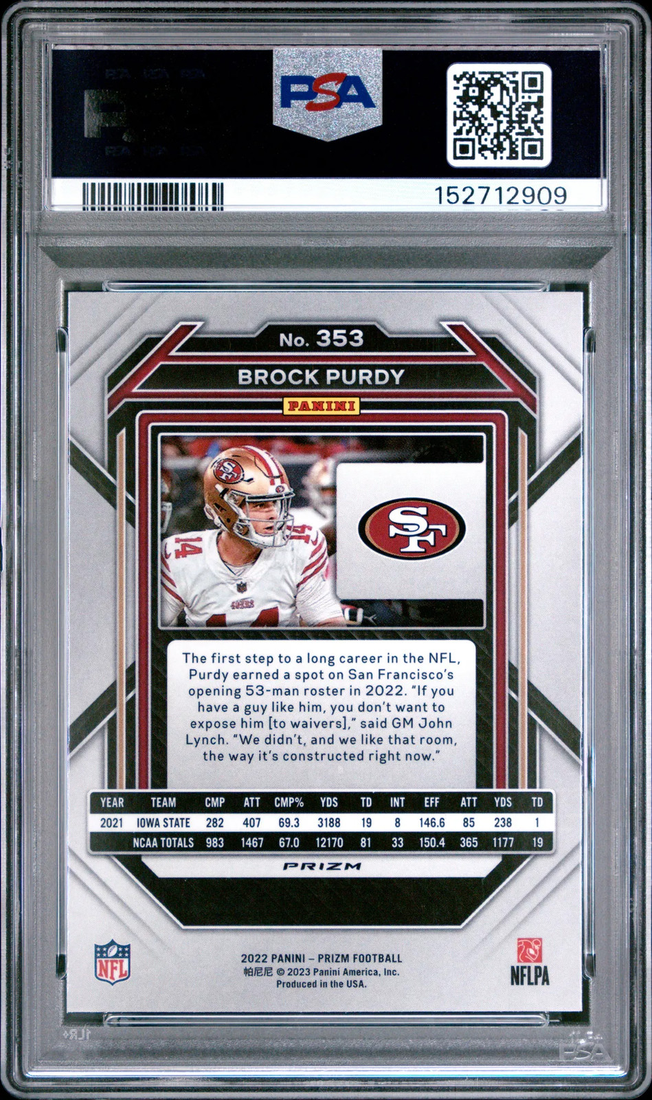PSA 9 2022 Panini Prizm Brock Purdy Silver Rookie RC #353 view 2