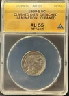 1929-S Buffalo Nickel 5c Coin ANACS Cert AU55 Clashed Dies Detached Lamination