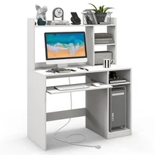 Computer Desk Writing Desk Office Desk w/ Open Shelves & Charging Station White