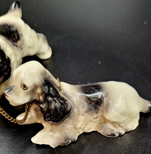 Vintage Springer Spaniel Dog Trio Figurine Chained Bone China Black White Japan - Picture 16 of 19