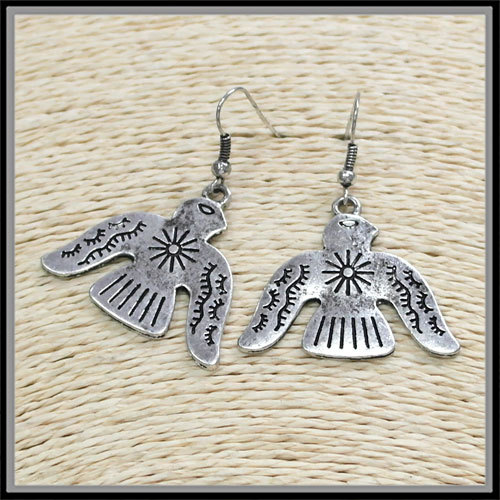 Large Western Stamped Metal Burnished Silver Thunderbird Earrings Wire Cowboy - Picture 1 of 2