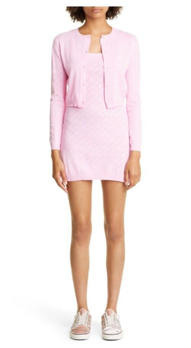 $365 Sandy Liang Womens Escort Pointelle Flower Mini Sweater Dress Pepto Pink XL - Picture 8 of 14