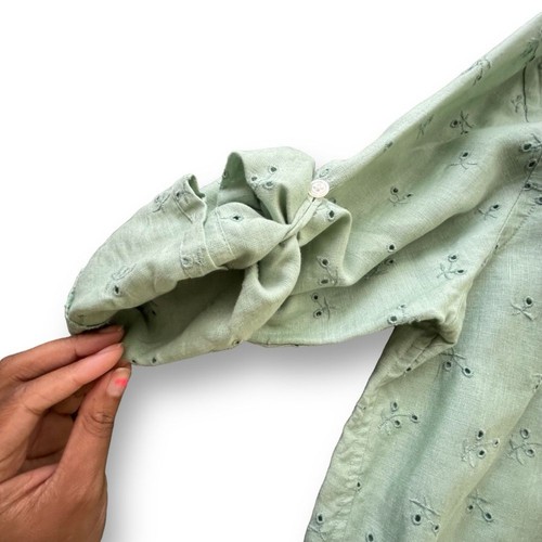 Lauren Ralph Lauren Mint Green Eyelet Linen Roll Tab Sleeve Blouse Women Large - Picture 4 of 8