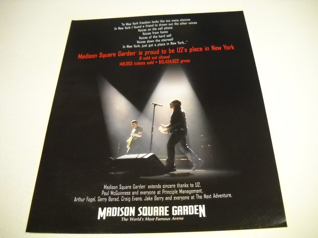 U2 Madison Square Garden - Proud To Be U2's Place In NY 2005 Promo Poster Ad