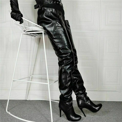 Boots Women's Winter Boots Leather Black Stretch Thigh High Boots - Imagen 5 de 14