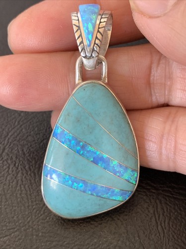 Womens Blue Turquoise & Opal Navajo Sterling Silver Inlay Pendant 12490 - Picture 9 of 12