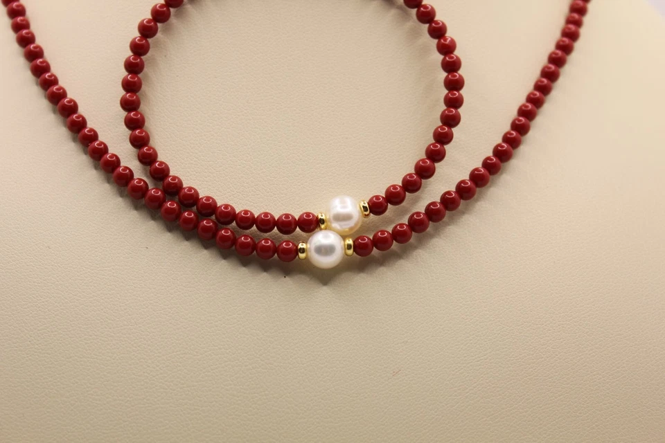 COLLANA BRACCIALE PASTA DI CORALLO ROSSO PERLA COLTIVATA ACQUA DOLCE MM 7 EXPLOI - Immagine 2 di 4