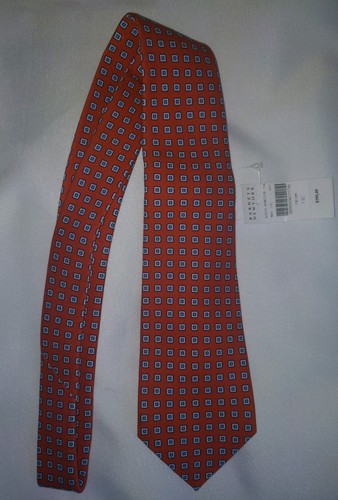 $295 KITON Napoli arancione con quadrati geometrici blu cravatta collo uomo seta nuova con etichetta - Foto 3 di 4