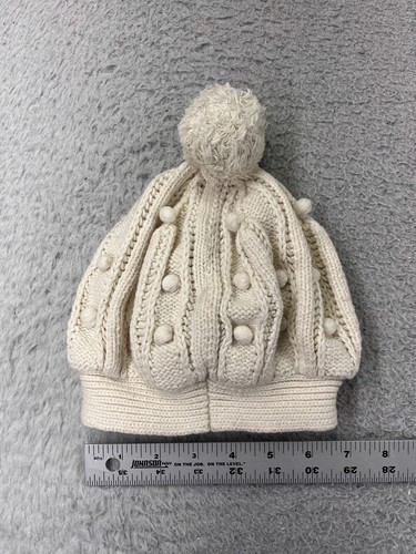 Gap Beanie Toque Youth Medium White Embroidered Popcorn Knit Wool Blend Ski Pom - Picture 3 of 7