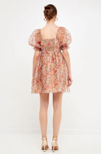 Endless Rose Floral Puff Multi Brown Baby Doll Mini Dress Size S - Picture 4 of 5