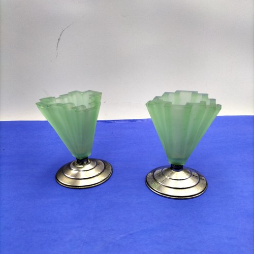 Art Deco Bagley Frosted Grantham Uranium Green Glass Vases – 4” -1930s, Tin Base - Picture 2 of 5