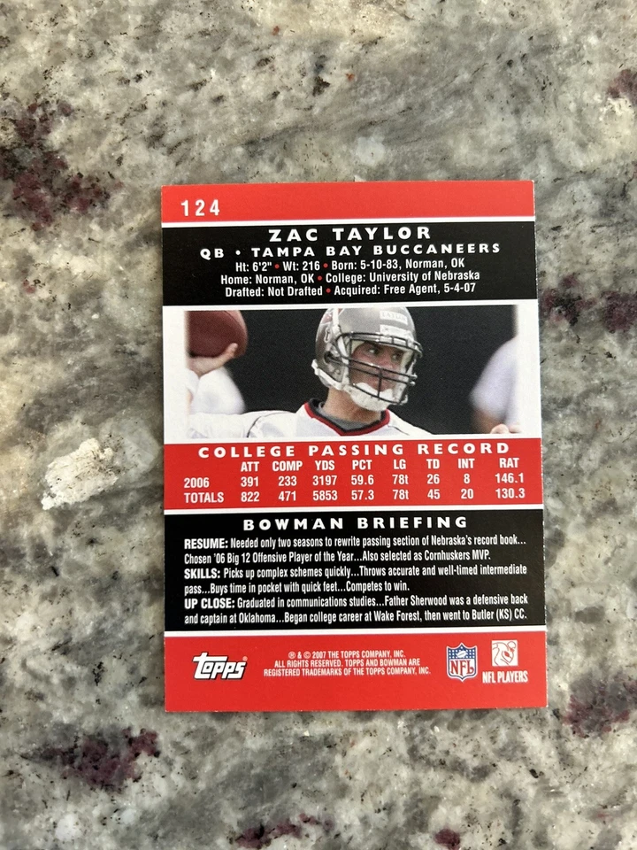 2007 BOWMAN Zac Taylor #124 Rookie RC NEBRASKA CORNHUSKERS CINCINNATI BENGALS - Image 2 of 2