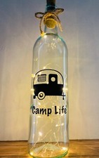 'Camp Life’ Wine Bottle Lantern with die cut vinyl & Cork top fairy lights